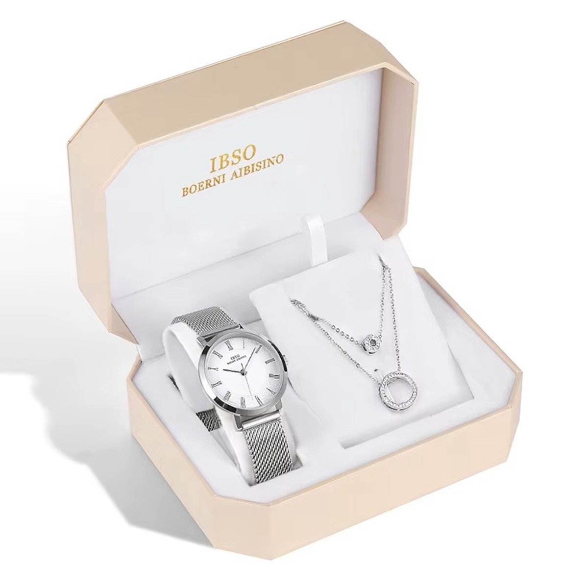 Boerni Aibisino Elegance Luxe Giftset - Horloge Ketting - 136 Kristallen - Dames Cadeau - RVS - Zilver - Romeinse Cijfers - Limited Edition