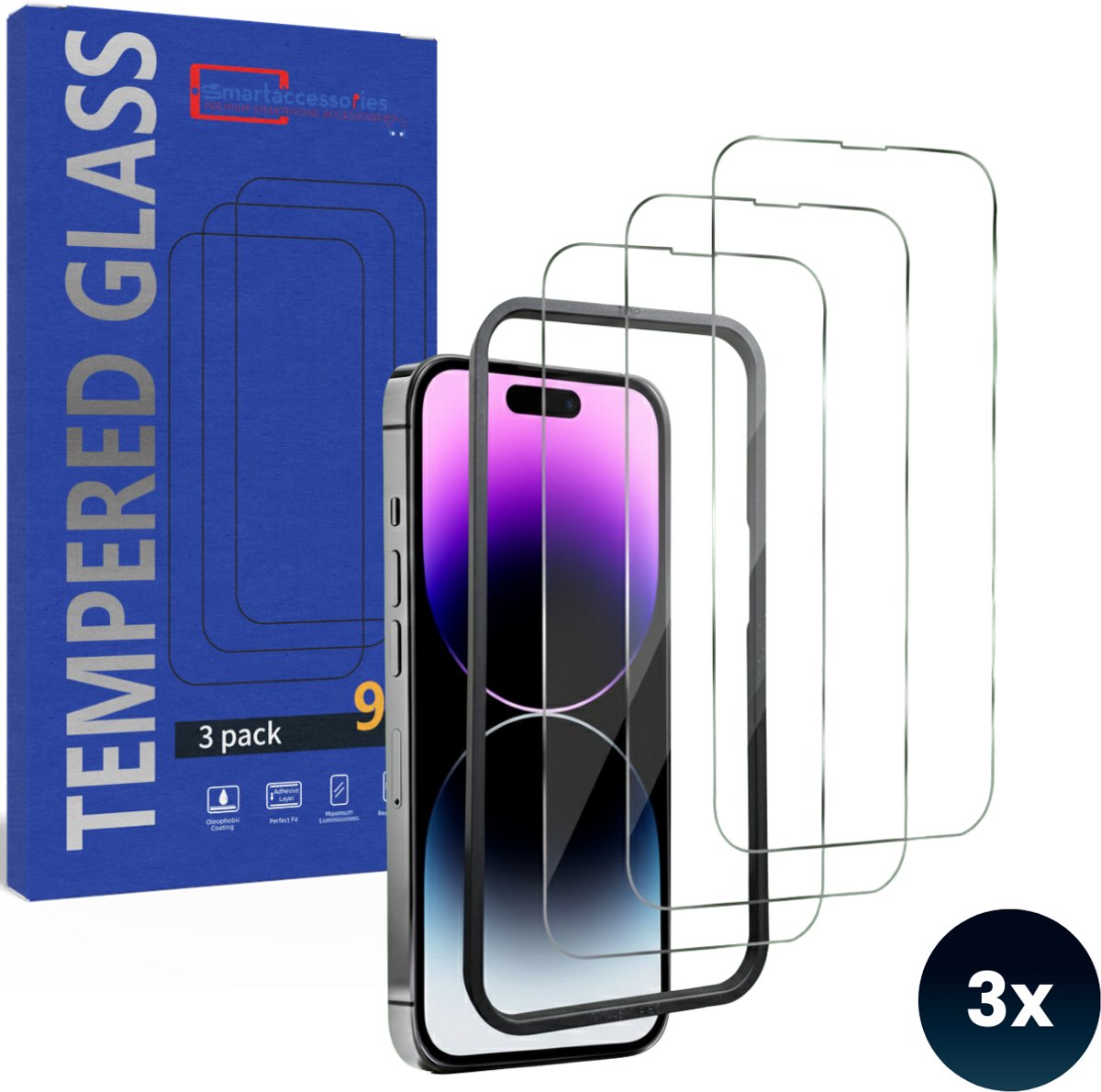 Screenprotector geschikt voor iPhone 14 Pro - Met montageframe frame - Gehard Beschermglas - Tempered Glass Screen Cover -Eenvoudige installatie - 3 Stuks