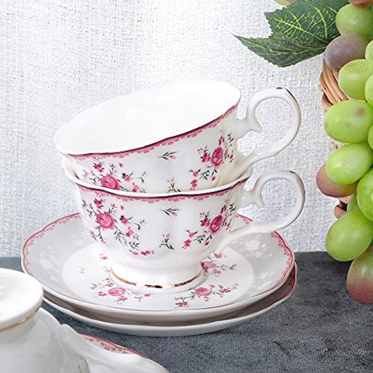 Elegante Set van 6 Bloemen Theekopjes en Schotels - Vintage Roze Rozen Theeservies