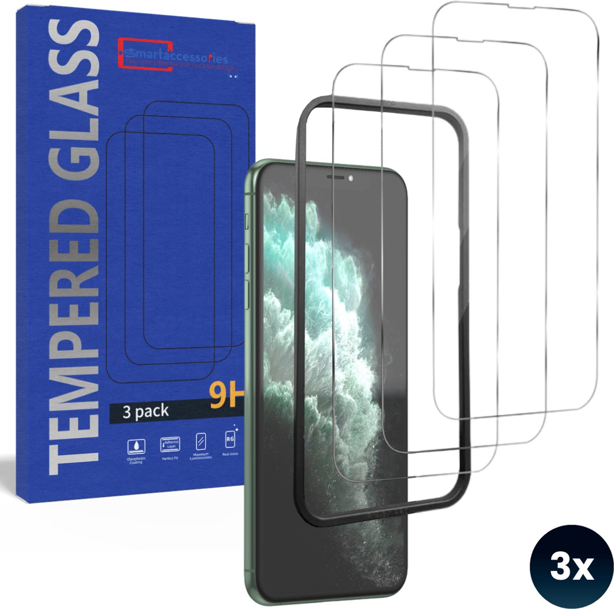 Screenprotector geschikt voor iPhone 11 Pro - Met montageframe frame - Gehard Beschermglas - Tempered Glass Screen Cover -Eenvoudige installatie - 3 Stuks