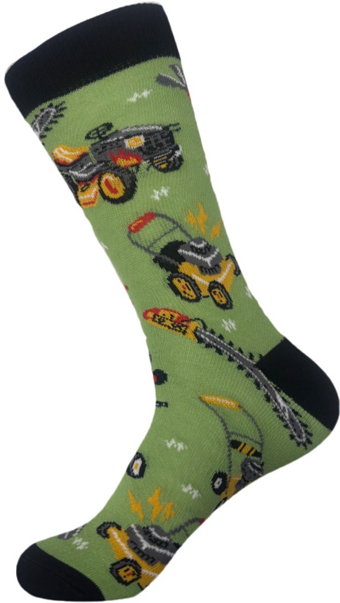 Sokken heren - groen - zwart - bouwvak sokken - schep - grasmaaier - tractor - tools - 40-46 - cadeau - voor hem - Kerst cadeau - vaderdag cadeau - verjaardagscadeau - geschenk - zakelijke geschenken - bouwvakker sokken