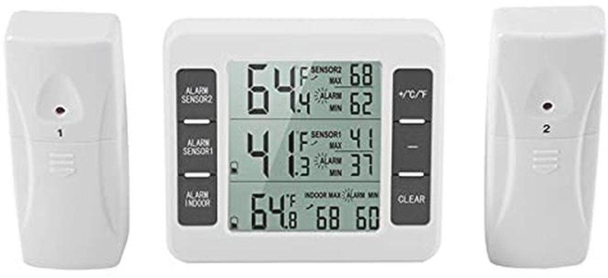 Draadloze Digitale Vriezer Thermometer met 2 Sensorkappen en Alarm - Temperatuurregistratie Binnen en Buiten