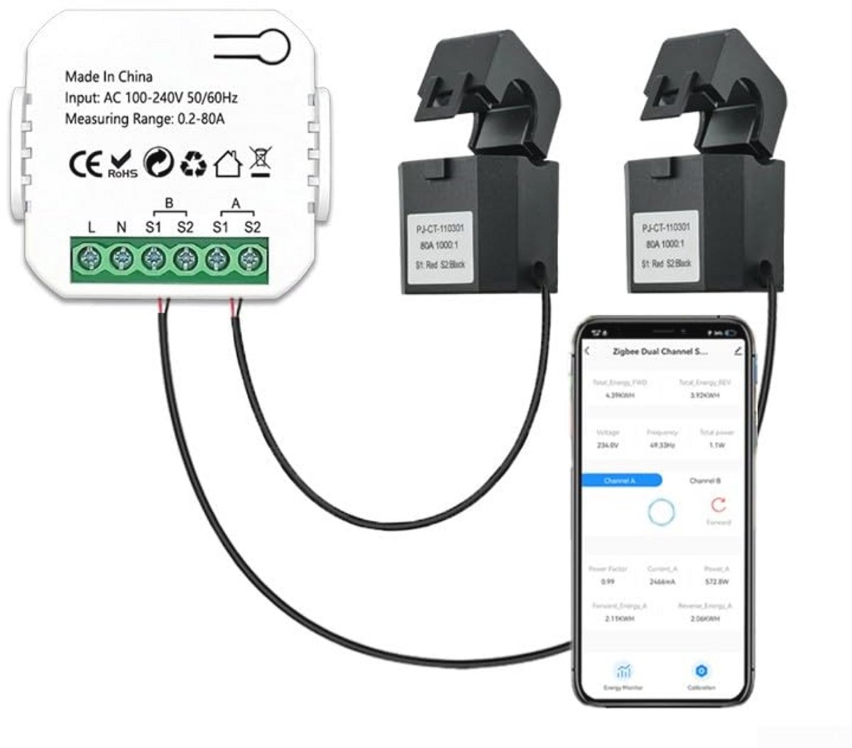 WiFi 2-weg Energiemeter 80A - Slimme Thuis Elektriciteitsmonitor met 2 Klemmen voor Real-time Verbruik