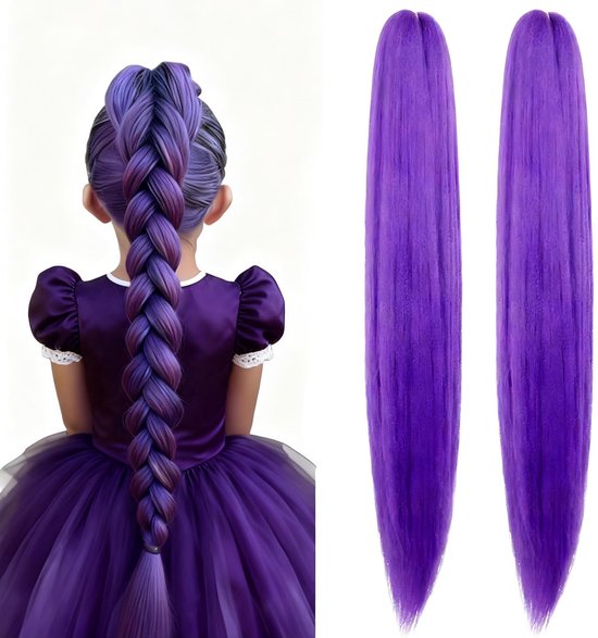 Kraftverdia Gevlochten haar 2 stuk- Meisjes voorgerekt gevlochten haar - 65 cm - Paarse Gevlochten Haarverlenging voor Kinderen - Lange pruik - Perfect voor op Het Podium - Cosplay - Carnaval - op Feestjes en als Halloween- Anime Kostuumaccessoire -