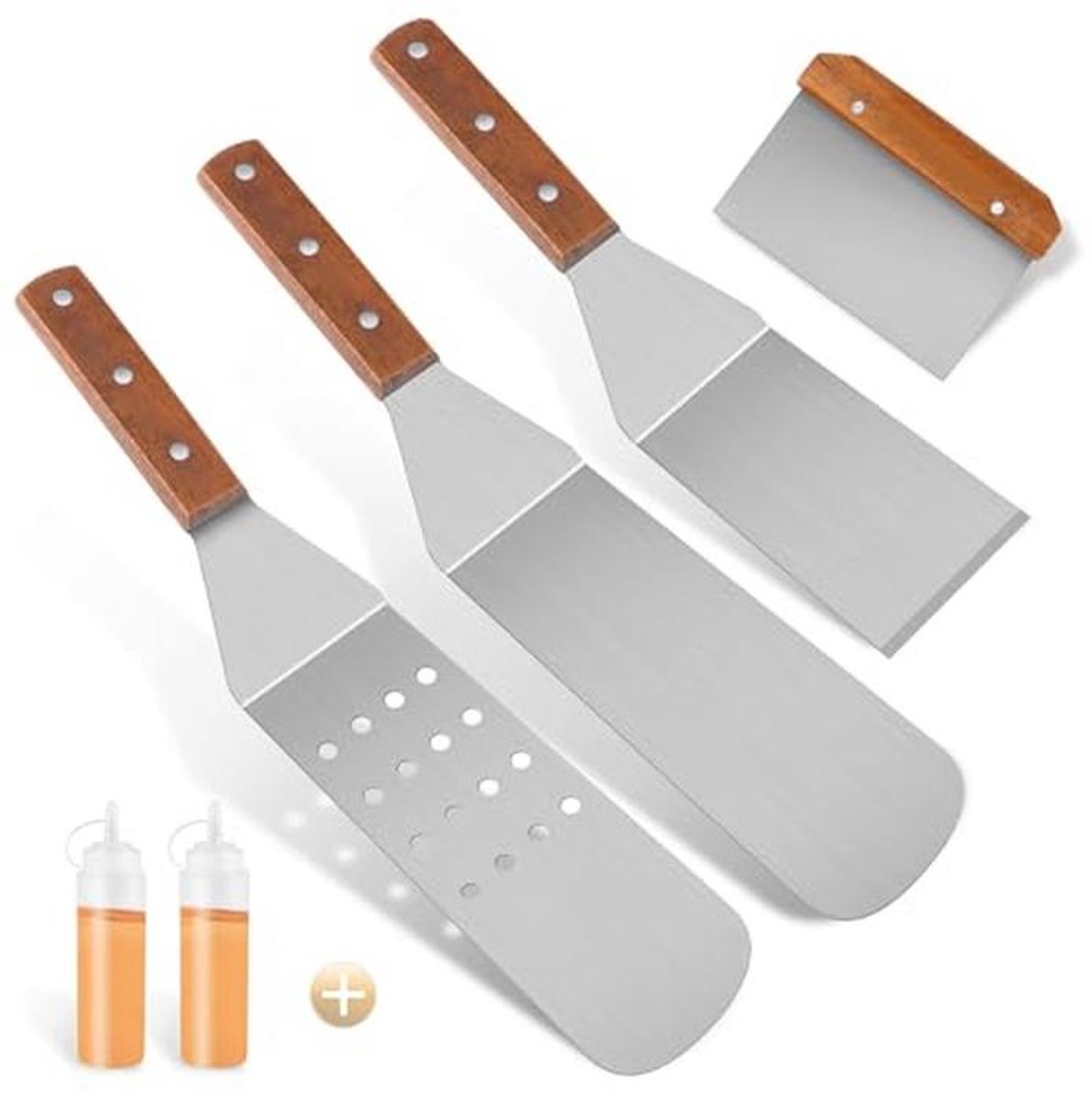 Grillspatelset met Houten Handgrepen en Knijpflessen - 4-delig Roestvrij staal
