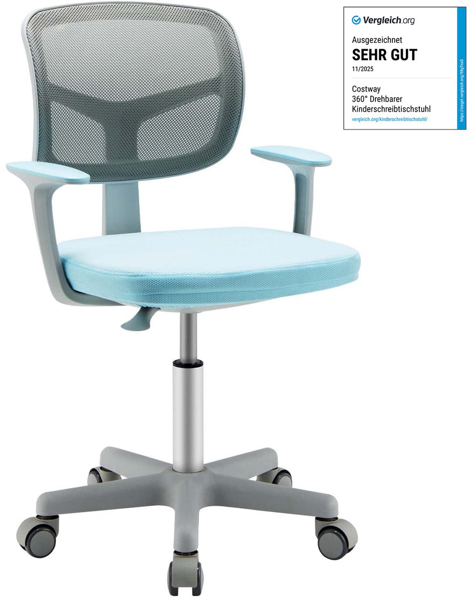 COSTWAY 360° draaibare kinderbureaustoel, 80-91,5 cm, in hoogte verstelbare jeugdstoel met rugleuning en armleuningen, computerstoel met 5 wielen voor kinderen van 3 tot 10 jaar oud, blauw - COSTWAY - €53,10