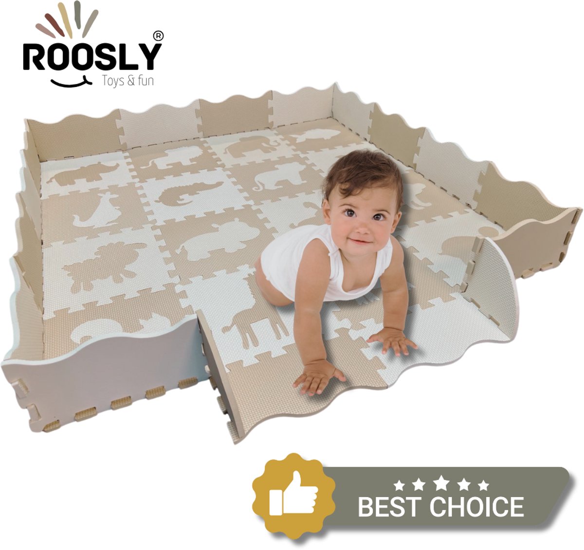 Roosly Speelmat Baby - Speelkleed Baby - babygym - kruipmat - playmat - Foam vloerpuzzel 145 x 145 cm - Opstaande Rand - Inclusief Opbergtas - speelgoed - Veilig & Zacht - Beige
