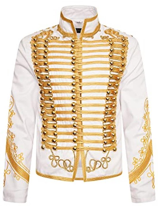 Ro Rox Adam Jacket Militaire Marching Band Drummer Music Festival Parade voor heren - Wit & Goud (S
