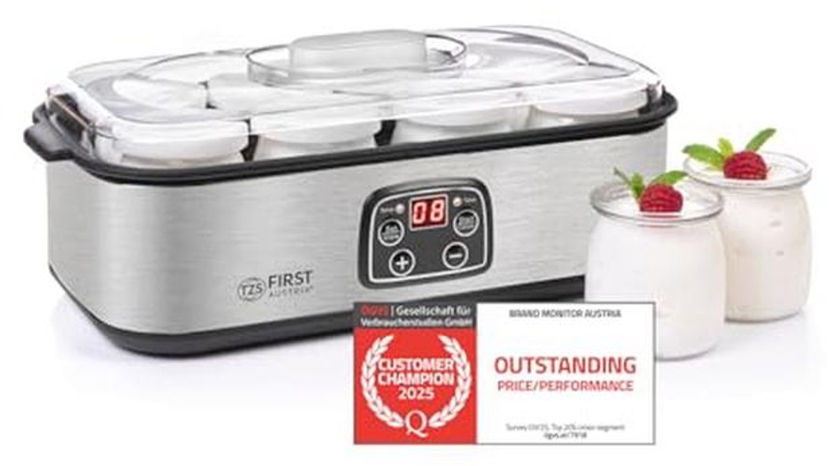 Yoghurtmaker met 8 glazen potten | 1,4 l yoghurt | temperatuurinstelling | automatische uitschakeling | LED-display