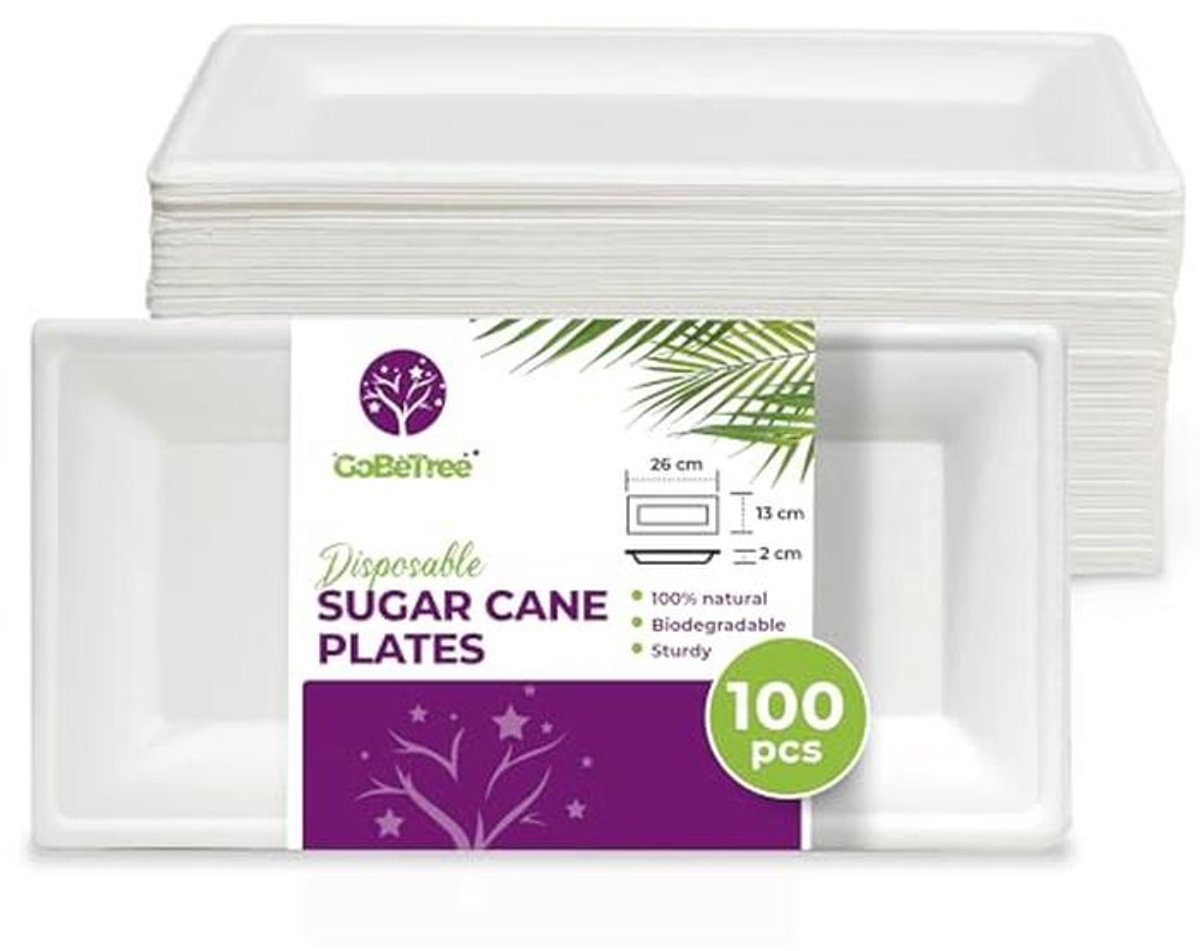 Biodegradable Rectangular Sugarcane Plates 26 x 13cm - 100 Stuks - Duurzaam & Sterk