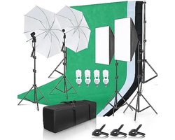 Andoer Fotostudioset, achtergrondondersteuningssysteem 1,6 m x 3 m met softbox, lamp 45 W, paraplu, lamphouder E27, 2 m statieven voor fotografie, foto's en video's