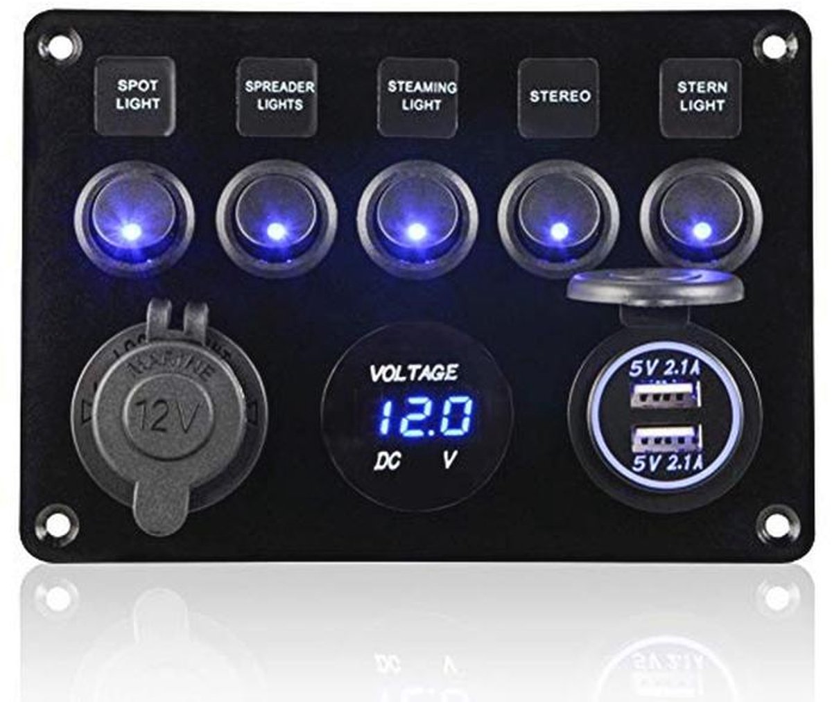 Multifunctioneel Schakelpaneel met 5 Versnellingen - Waterdicht met USB Charger en Voltmeter voor Voertuigen
