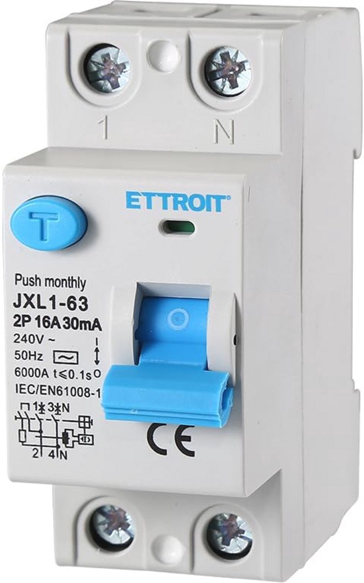 Aardlekschakelaar 16A 2-polig 220V 6kA 30mA 2 DIN-modules