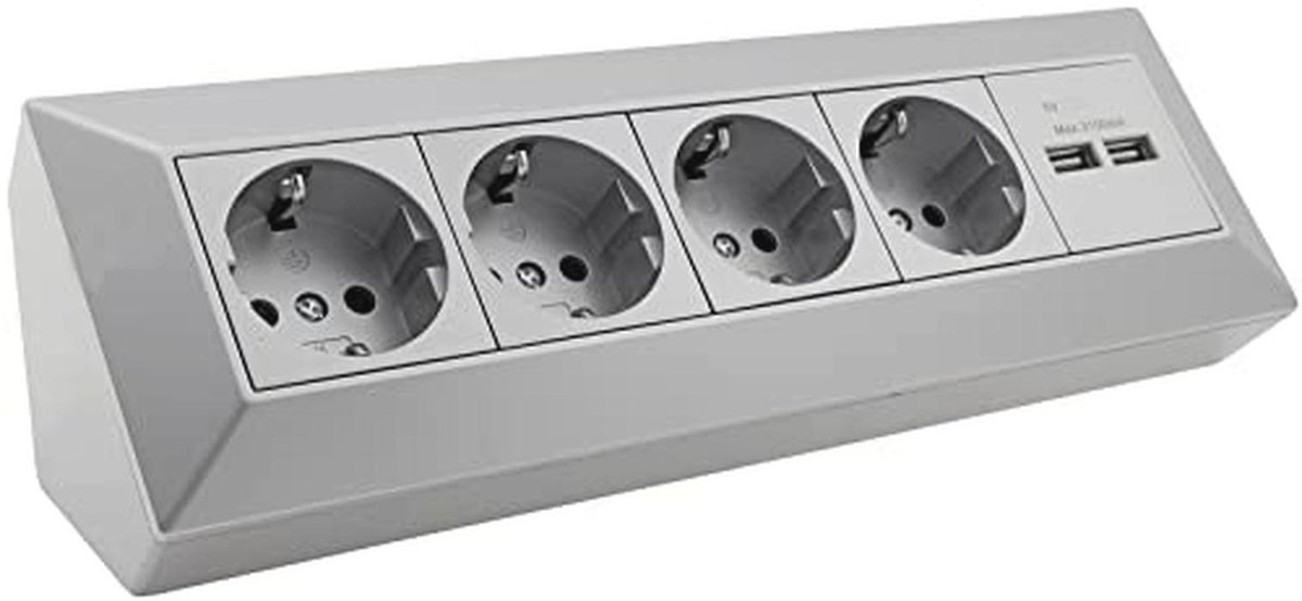 4-voudig stopcontactblok + 2x USB, zilver 250V~/16A