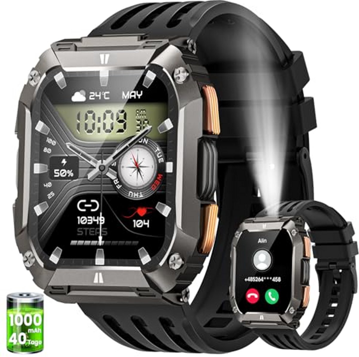 Slimme Horloge voor Mannen met Torch en 1000 mAh Accu, 5,1 cm AMOLED Militaire Smartwatch, Waterdicht tot 5 ATM, Activiteiten Tracker, 113 Sportmodi en Hartslagmeter