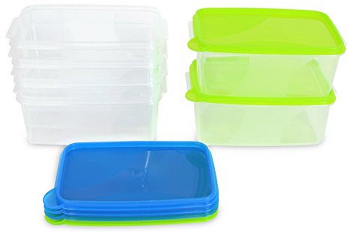 Verse Bewaar- en Vriesdozen Set van 6 - 1,3L - Transparant met Blauw en Groen Deksel