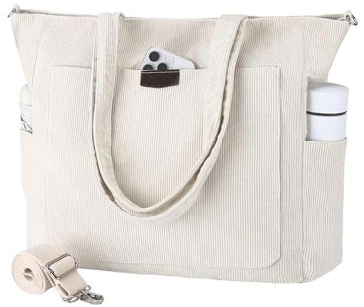 Grote Corduroy Tote Bag voor Vrouwen - Schoudertas met 15.6 Inch Vak, Casual Handtas voor Werk, Reizen en School