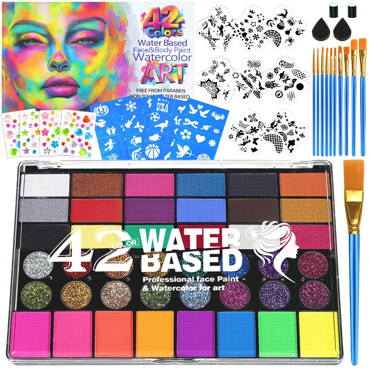 Kraftverdia Professionele Face Painting Kit voor Kinderen & Volwassenen – 42 Kleuren Watergeactiveerde Schminkset met Sjablonen, Glitters, Stickers en Penselen – Voor Halloween, Verjaardagen, Carnaval & Schoolactiviteiten