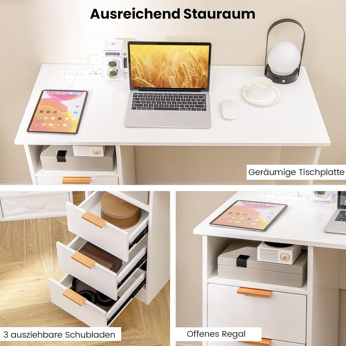 COSTWAY Bureau met 3 laden en laadstation, kleine computertafel, kinderbureau, moderne bureautafel, pc-tafel voor slaapkamer, werkkamer, kantoor, wit, 108 x 48 x 76 cm thumbnail 6