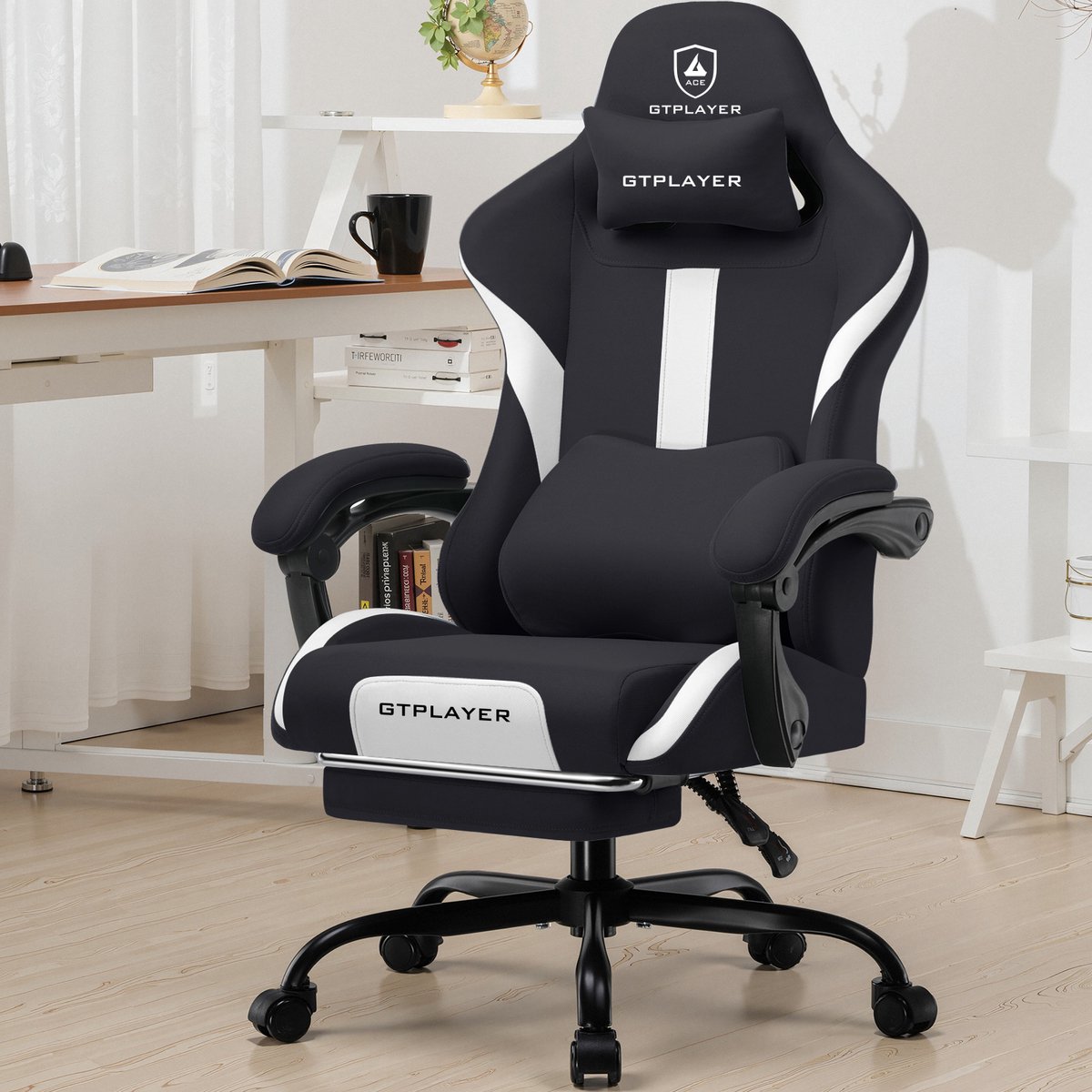 GTPLAYER Gaming Stoel met Voetsteun - Hoogwaardig Stof - Wit - afbeelding 2