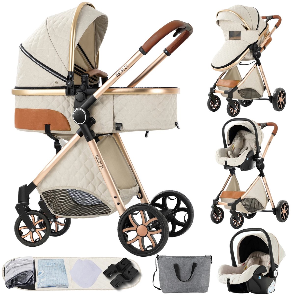 NaevaMi Kinderwagen 3-in-1 - Buggy - Multifunctionele Kinderwagen 3in1 - Lichtgewicht Kinderwagen - Multifunctionele Kinderwagen met Aluminium Frame - Kinderwagen Maxi Cosi - Kinderwagens & Buggy's - 6 Extra Accessoires - Wit/Goud - 0-20kg
