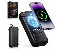 Kochar Solar Powerbank 30000 mAh - Powerbank Zonneenergie - Snellader 22.5W - Draadloos Laden 15W - Handcrank Opladen - Zaklamp - Laser - Kompas - 4 Ingebouwde Kabels - Powerbank voor Noodpakket - Zwart