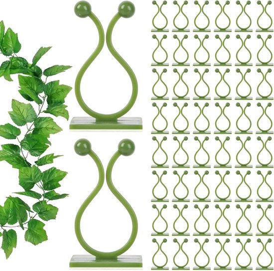 Groene plantenclips met klimop en een raster van 5x8 clips. Tekst: 120Pcs Plant Wall Clips FOR YOUR PLANTS.