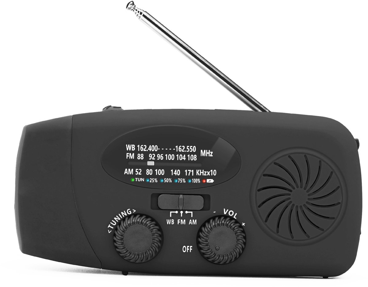 Noodradio met handaandrijving, LED-zaklamp, uitgerust met een powerbank van 2000 mAh en telefoonoplader, USB-oplaadfunctie en zonne-energie, geschikt voor kamperen en noodgevallen (zwart).