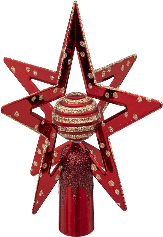 Kerstboom piek, rood met gouden stippen en glitter.