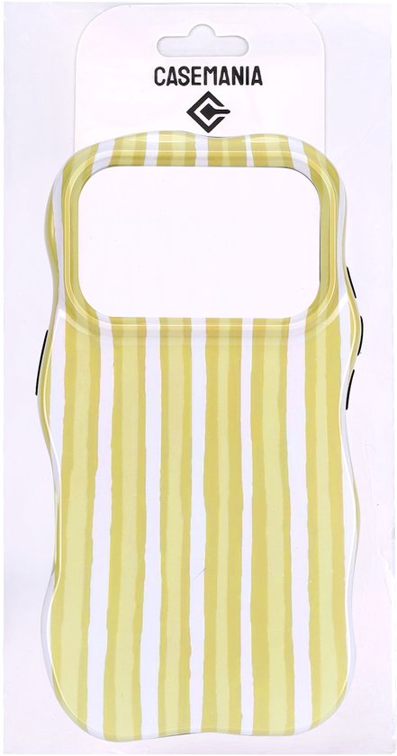 CaseMania telefoonhoes met gele en witte verticale strepen in verpakking.