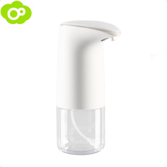 Witte automatische zeepdispenser met transparante onderkant, geïsoleerd op een witte achtergrond.