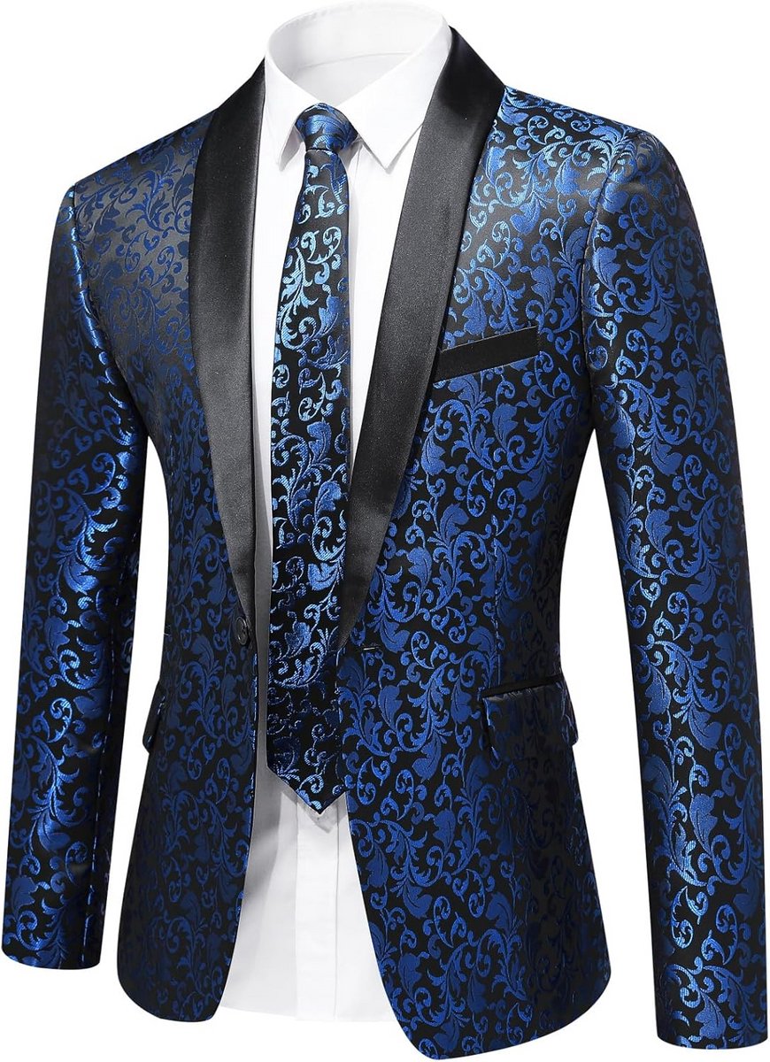 Luxe Bloemenprint Blazer Heren Slim Fit Jacquard Col Sjaal Jasje