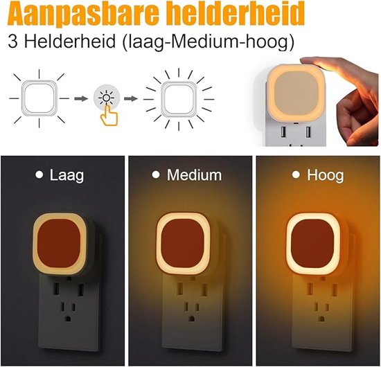 Nachtlampje stopcontact met schemeringssensor, 2 stuks, Automatisch AAN/UIT, 3-niveau helderheid instelbaar, zeer goed voor kinderkamer, trapopgang, slaapkamer, keuken, Badkamer (Amber) van Merkloos — afbeelding 4