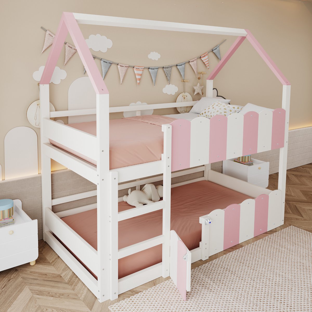Wishdor Kinder Stapelbed 90x200 cm - Huisvormig Ontwerp in Wit en Roze - Verhoogde Veiligheidshekken - Sprookjesachtig & Veilig - Hout