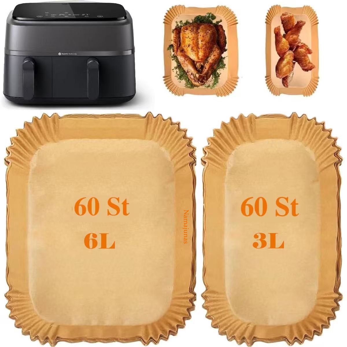 Namajunas - Bakpapier airfryer - Bakpapiervellen - Geschikt voor Philips Dual Basket Airfryer 3000-serie en 5000-serie (6L/3L) – modellen NA350/300 en NA550/500 - 120 Stuks - Airfryer Wegwerpbakjes - Geschikt voor Philips 9L heteluchtfriteuse — afbeelding 1