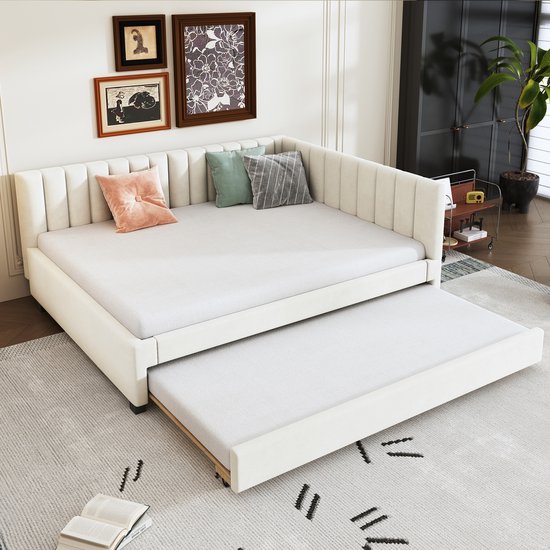 Wishdor – Slaapbank 140x200 cm – Met Uitschuifbed – Mid-Century Modern – Elegant & Flexibel – Fluweel – Beige