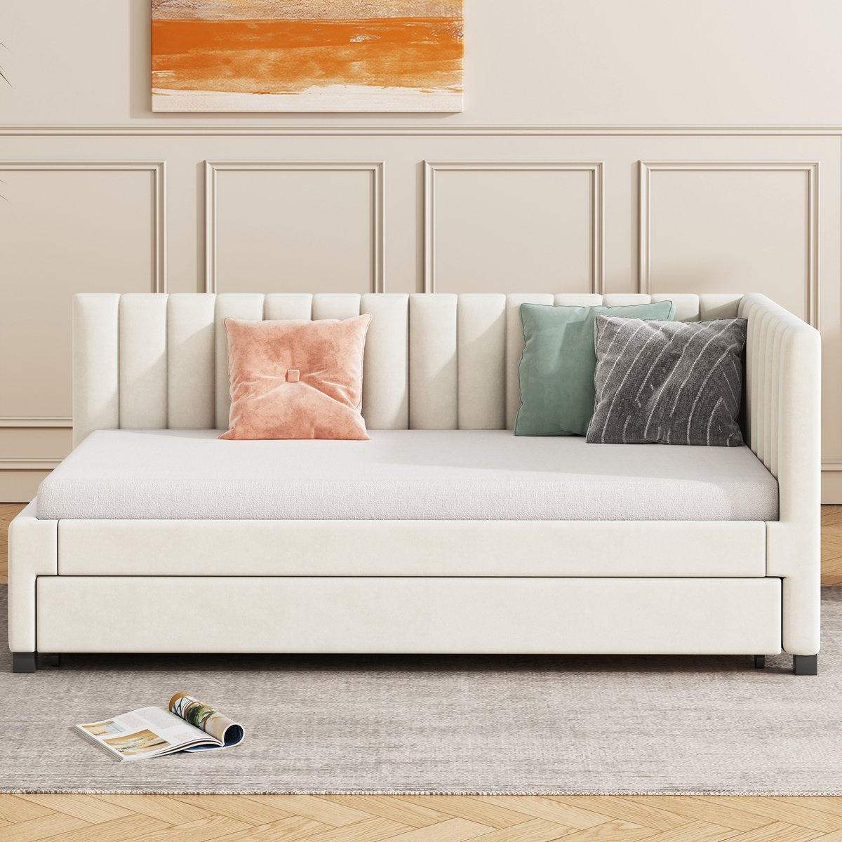 Wishdor Slaapbankbed – Uitschuifbaar onderbed – Fluweel beige – 90x200 cm – Mid-century design