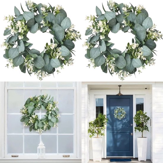 2 stuks - Kunstmatige eucalyptusbladkrans - Kunstmatige deurkrans - Voordeurkrans - Ronde krans - Decoratieve krans - Bruiloftsdecoratie - Herbruikbaar - Gemakkelijk te verzorgen - 35 cm diameter - Groen - Voor deur-, muur- en raamdecoratie