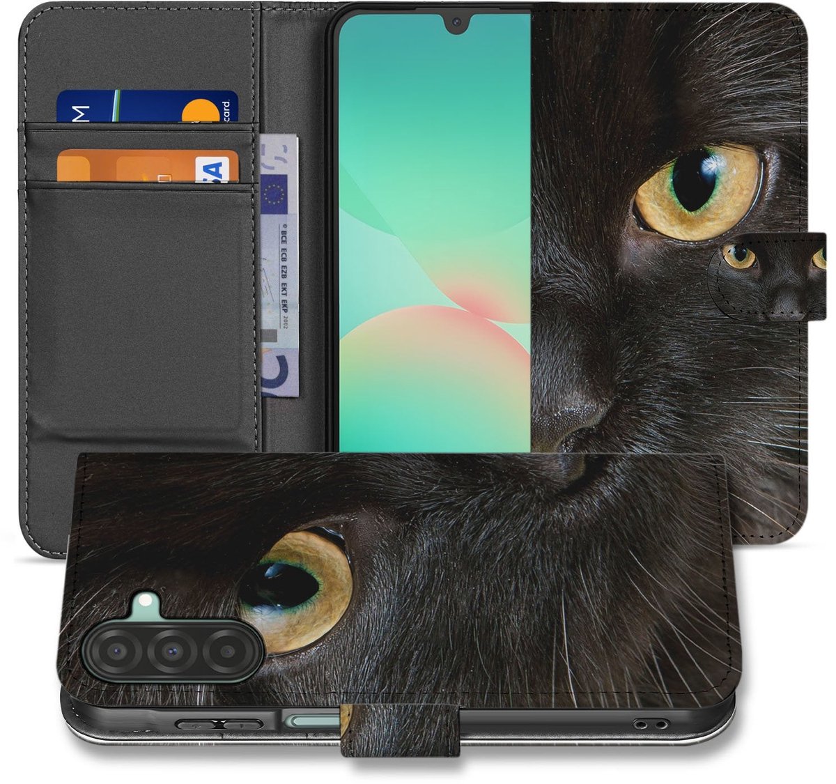 Samsung Galaxy A17 Portemonneehoesje Zwarte Kat Met Pasjes