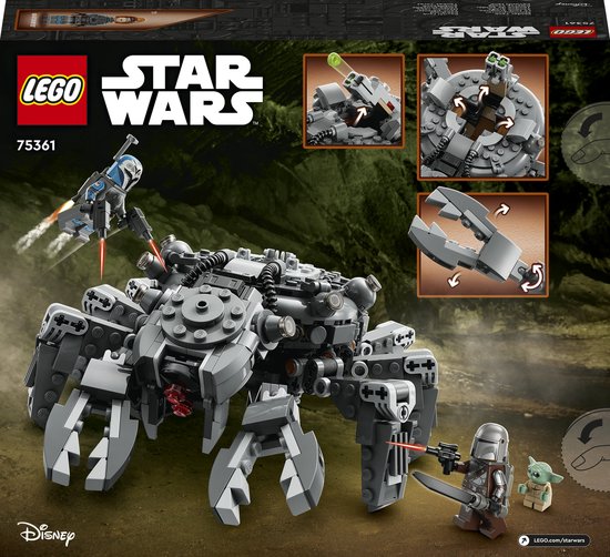 Achterkant LEGO Star Wars doos met Spider Tank, The Mandalorian en Grogu.