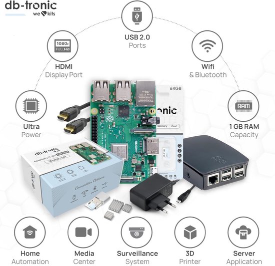 Voeding Raspberry Pi 4 Complete Starter Set Raspberry Pi 3 B+ met Voeding, Behuizing, 64GB SD ...