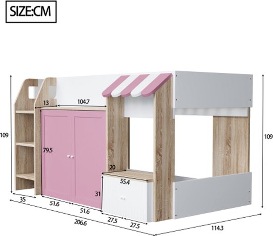 Lit enfant lit maison 90x200, avec espace de rangement ouvert, avec échelle d'escalade, lit mezzanine enfant mi-hauteur, lit superposé enfant en bois massif sans matelas, couleur bois + rose