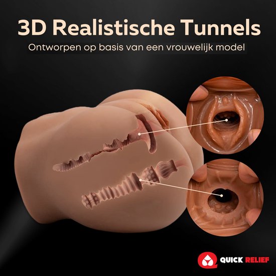 3D realistische masturbator toont interne texturen van de vaginale en anale openingen in cirkelvormige inzetstukken.