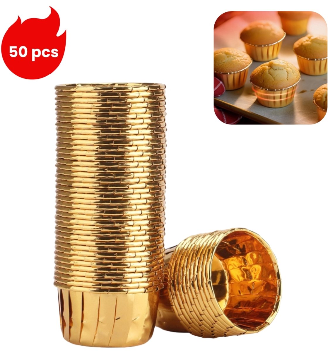 50 stuks - Cakevormpjes - Dubbelzijdige aluminium muffinvormpjes - Cakevormpjes met gekrulde rand - Gouden cupcake bakvormpjes - Bakvormpjes - Oliebestendige papieren vormpjes - Hittebestendig - Goud - 6,8*5*3,9 cm
