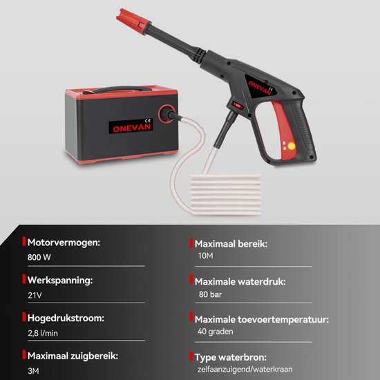 ONEVAN 21V Accu Hogedrukreiniger - 80 Bar Auto Hogedrukreiniger - Terrasreiniger - Hogedrukspuit - met 2 accu's - Elektrisch Drukreiniger - voor auto, terras, gazon van Merkloos	 — afbeelding 3