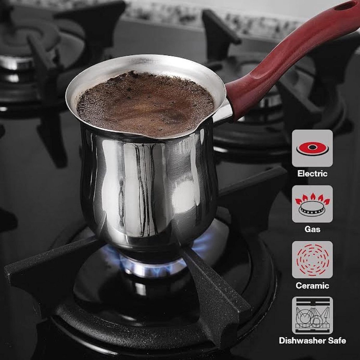 Stunq® Turkse koffiepot, Turkse koffiezetapparaat van rood staal.