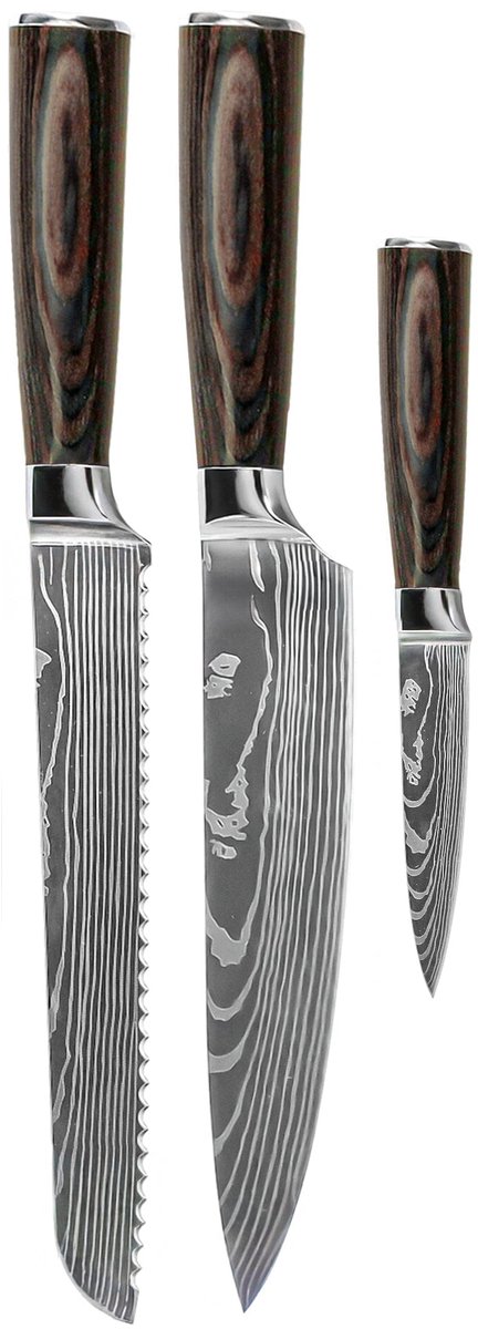 Shinrai Knives - Damascus Print 3-delige Messenset - Koksmes + Broodmes + Schilmes - Koksmes - Vleesmes - Hakmes - Broodmes