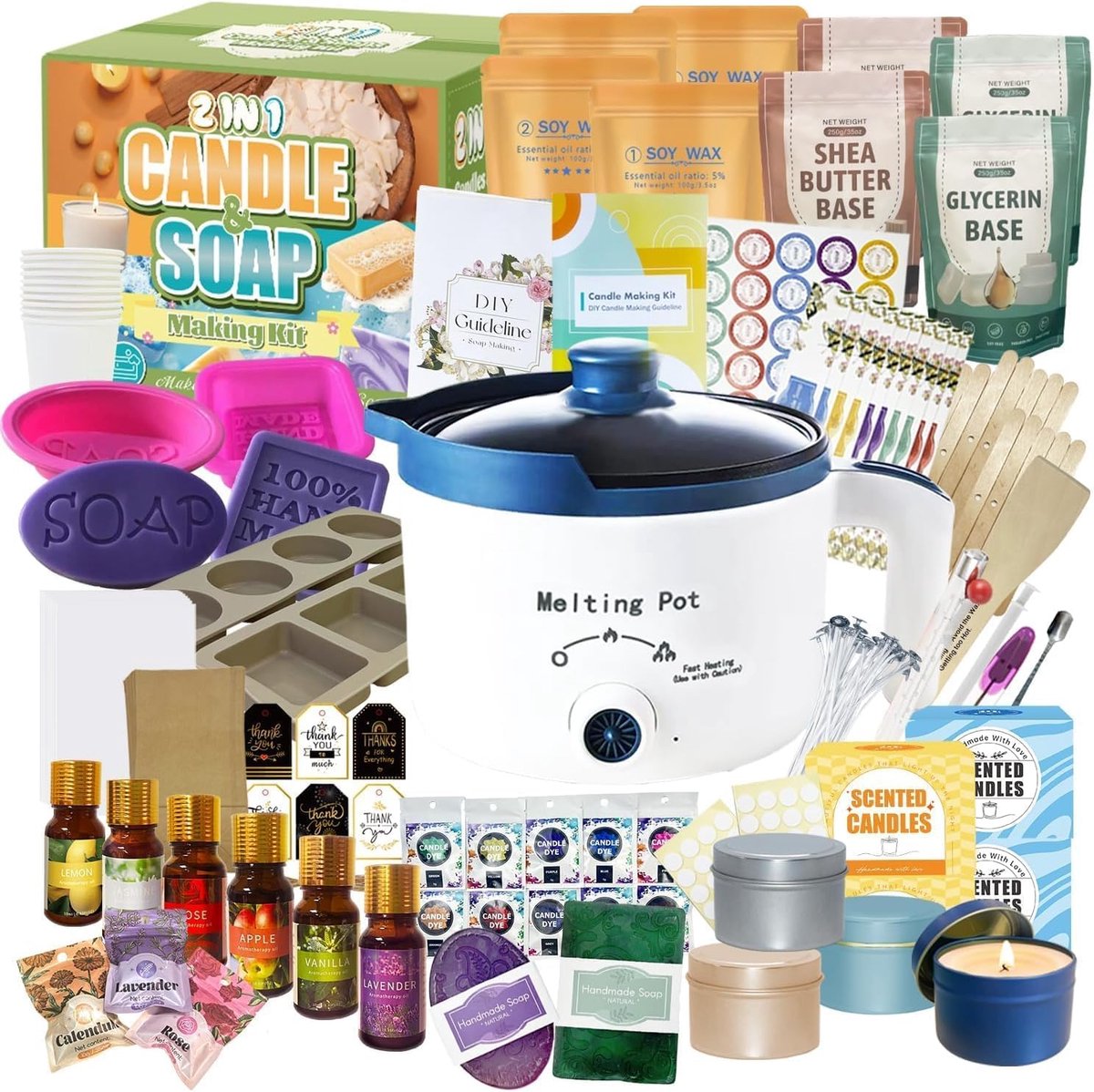 177-delige 2-in-1 Kaars- en Zeepmaakset – Complete DIY Set met Smeltpot, 1,5 kg Zeepbasis, Sojawas, Siliconen Mallen, Geuren, Kleuren & Accessoires voor Beginners en Volwassenen