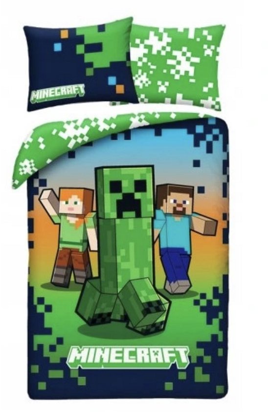 Minecraft beddengoedset Steve Alex Creeper Zombie – omkeerbaar dekbedovertrek 140 x 200 cm 1 kussensloop 70 x 90 cm – 100% polyester beste kwaliteit – meerkleurig