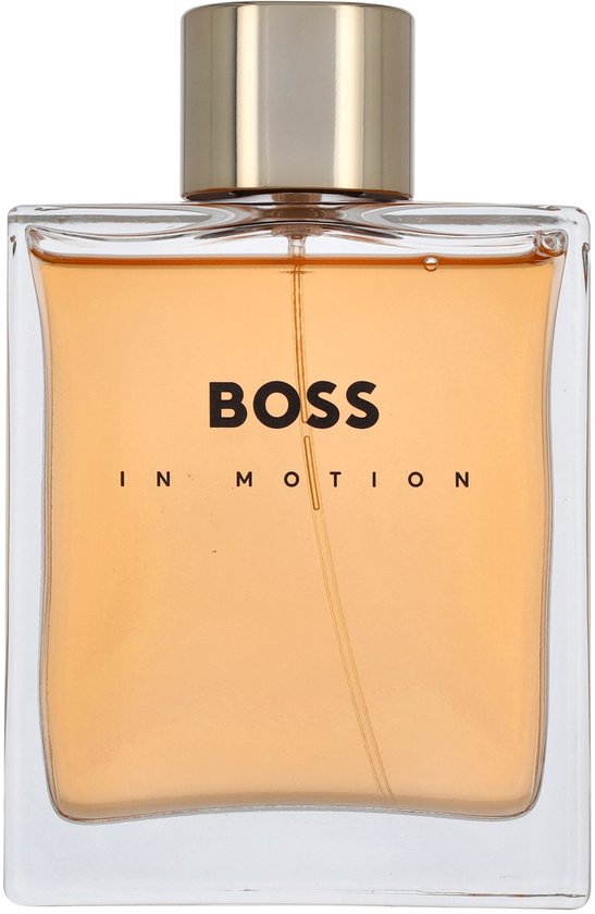 Glazen flacon BOSS IN MOTION met oranje vloeistof en zilverkleurige dop. 100 ml.
